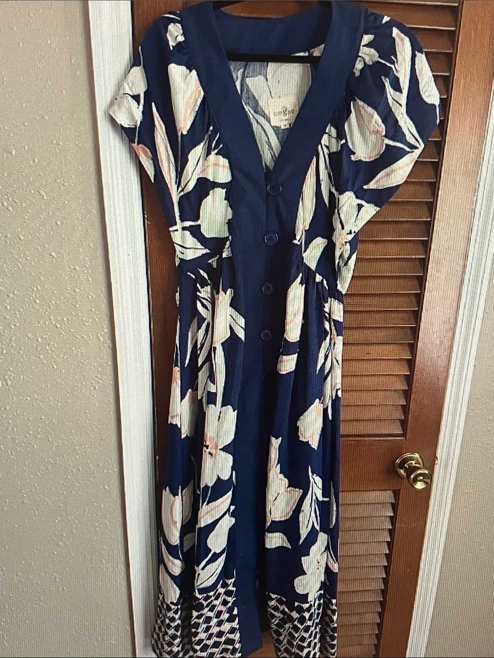 Umgee Navy and White Floral Midi Dress with Button Placket